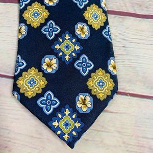 Tommy Bahama | Geometrical Floral Design Gold & Blue Tones 100% Silk